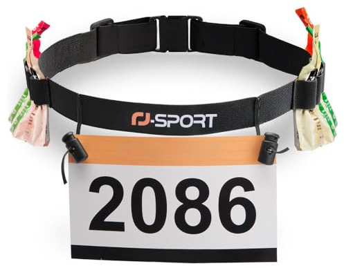 RJ-Sport Race Number Belt - Triathlon Race Belt Bib Holder with 6 Energy Gel Loops for Triathalon, Marathon, Running and Cycling, 01 Schwarz, Einheitsgröße