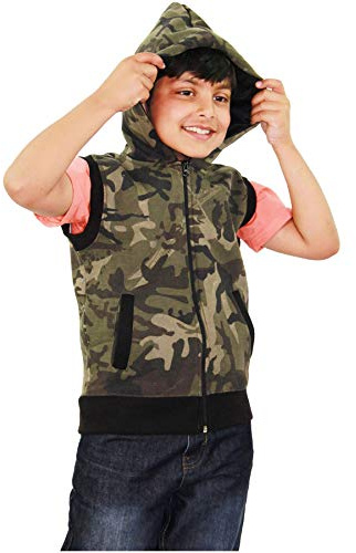 A2Z 4 Kids Hooded Gilet Jacket Fabric No Sleeve Zipper - Gilet Camo Green 13