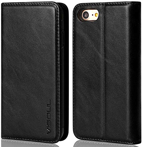 VISOUL iPhone SE 2022/2020 Hülle, iPhone 8/7 Handyhülle,Stoßfeste Schutzhülle [Erstklassiges Rindsleder] [Kartenfach] Lederhülle Kompatibel für iPhone 7/8/SE2/SE3 (4,7) A01Schwarz