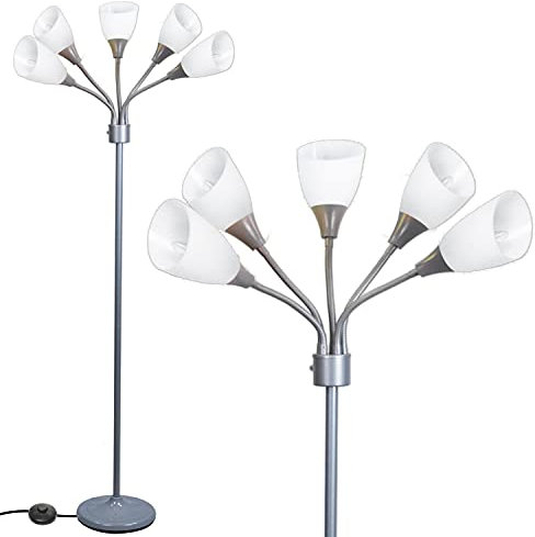 Modern 5 Head Floor Lamp with White Acrylic Shades – Tall Standing Uplighter Lamp – Adjustable Standard Lamp for Living Room – Freestanding Light Fitting with Foot Switch