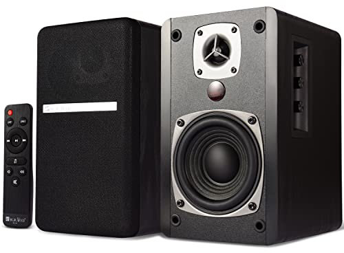 SINGING WOOD BT27 Active Powered Bluetooth Bookshelf Speakers with Built-in Control & Remote - Studio Monitor with 2 Auxiliary Line Input - 54 Watts RMS (Black)