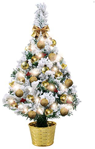 Mini Tabletop Christmas Tree Snow Flocked with Lights, 50cm Small Artificial Christmas Tree Lighted Battery Operated,Pre-Lit Christmas Tree with Ball Ornaments(All in One Set)