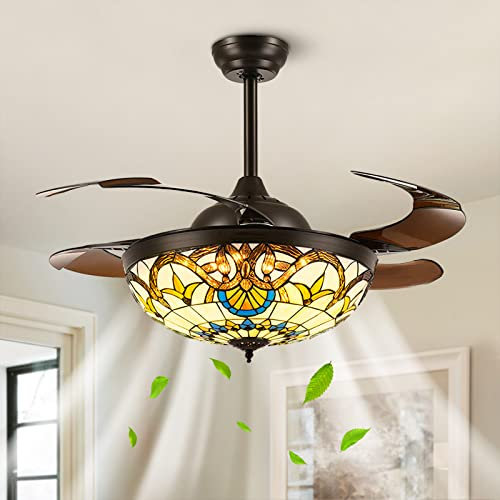 APBEAMLighting Retro Ceiling Fan Light Retractable Reverse Blades LED Dimmable Fandelier with Remote Control for Bedroom L.