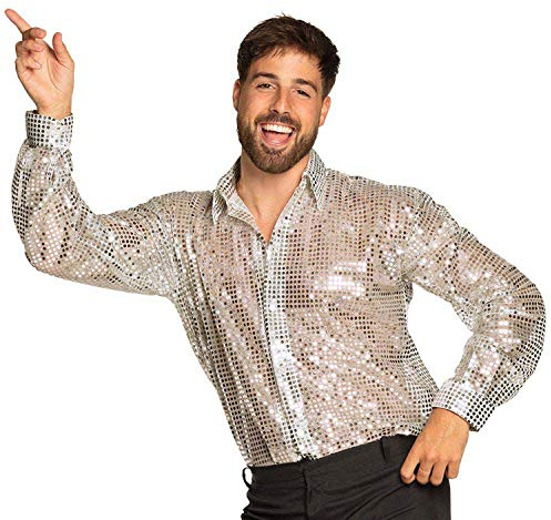 Boland - Shirt Disco, silberne Pailletten, Hemd für Herren, Disco Shirt, Karneval, Fasching, Halloween, Mottoparty, 70er Jahre