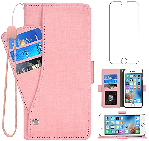 Asuwish Compatible with iPhone 6plus 6splus 6/6s Plus Wallet Case Tempered Glass Screen Protector Flip Cover Card Holder Cell Phone Cases for iPhone6 6+ iPhone6s 6s+ i 6P 6a S Six iPhone6splus Pink