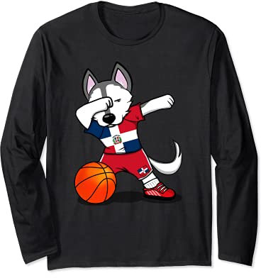 Dabbing Husky Dominican Republic Basketball Fans Jersey Flag Long Sleeve T-Shirt