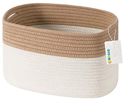 OYHOMO Aufbewahrungskorb Geflochten aus Baumwollseil Groß Regalkorb Deko Korb mit Griff Organizer für Kinderzimmer, Babyspielzeug, Wäsche, 38 x 25,4 x 23 cm, Weiß & Braun