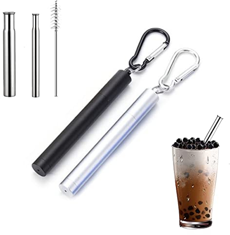 Riveryy Faltbare Metall-Trinkhalme,8 pcs Edelstahl-Strohhalm,Tragbares Edelstahl Strohhalm,mit Aluminium-Schlüsselring-Etui und Teleskop-Reinigungsbürste für Reisen,Zuhause,Arbeit(Schwarz und Silber)