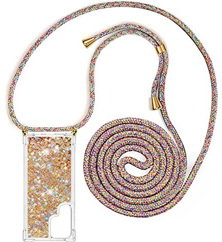YuhooTech Collier pour Samsung Galaxy S22 Ultra Coque Glitter Quicksands étui de téléphone avec Cordon, Tour de Cou Lanière en Corde Housse pour Smartphone Lanyard Case - Cover Necklace Stylée