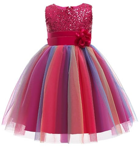 Ragazze Principessa Abito Paillettes Tulle Fiore Arcobaleno Colletto Rotondo Senza Maniche Abito Formale Festa di Compleanno Matrimonio Damigella d'Onore Ragazza Abiti da Sera per 3-9 Anni