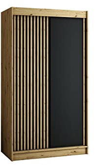 E- MEUBLES Armoire de chambre avec 2 portes coulissantes Lattes en bois Loft Style Armoire industrielle Artisan Chêne et noir Penderie avec étagères (LxHxP): 120x200x62 MELO sans tiroirs, 120cm