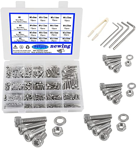 newlng Schrauben Set M2 M3 M4 M5 Schrauben mit Muttern und Unterlegscheiben Set Edelstahl 304 Innensechskant Zylinder für DIY Befestigungs mit Aufbewahrungsbox Sortiment +Schraubenschlüssel 940pcs