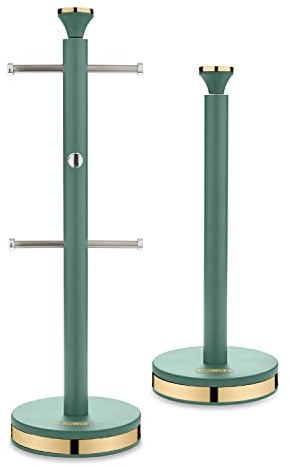 Tower T826135JDE Cavaletto Mug Tree and Towel Pole Set with Anti-Slip Base, Jade Green and Champagne Gold