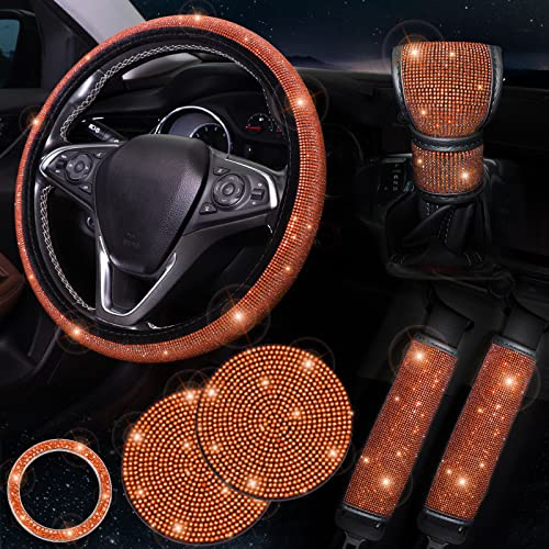 ToBeQueen Orange Steering Wheel Cover Set 15 inch,7 Pack Crystal Strass Diamond Orange Bling Car Accessories,Seat Belt Cushion,Bling Shift Knob Cover,Puch to Start Ring,Car Cup Coaster,Orange