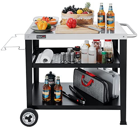Grills House Movable 3-Shelf Grill Cart with Wheels, 30 L x 19 W Stainless Steel Tabletop, Multifunctional Dining Table for Pizza Oven, Food Prep, Outdoor Garden BBQ Trolley, PC-AMZ-3404S, Silver