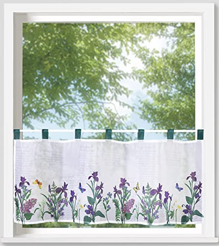Weckbrodt Schlaufenbistro-Scheibengardine lila Blumenwiese mit Schriftzug