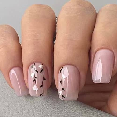 24Pcs False Nails Short Square, French Tips Fake Nails Glossy Press on Nails, Nude Pink Full Cover Acrylic Nails with Heart and Vine Design Reusable Stick on Nails for Women and Girls