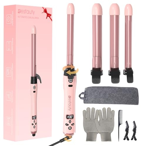 Bestauty Automatic Hair Curler, 4 in 1 Hair Curler with 19-32mm Interchangeable Ceramic Curling Tongs, 360° Rotating 160-220° C Curling Iron, Dual Voltage(Pink)
