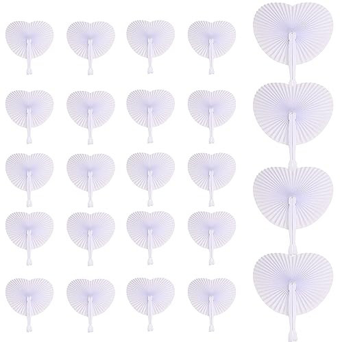 24 Stück Weiße Runde Handfächer Papierfächer Hochzeitsfächer, Fächer Hochzeit Papierfächer Herzförmiges Weiß Papierfächer, Hochzeitsdeko Fächer Weiß Handfächer Weiß Faltbar