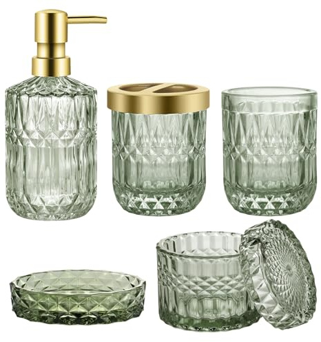 Green Bathroom Accessory Set, 5Pcs Bathroom Soap Dispenser Set, Green Glass Bathroom Accessory Set with Soap Dispenser, Soap Dish, Toothbrush Holder, Tumbler, Cotton Swab Jars