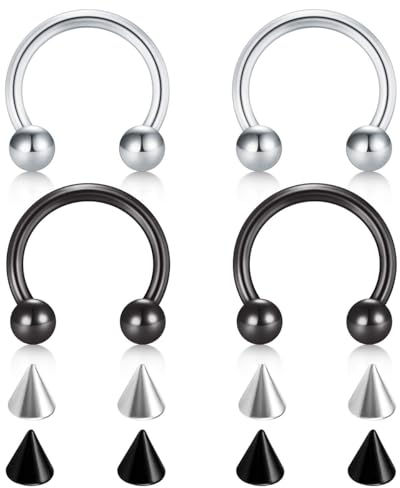 FECTAS Hufeisen Ringe Chirurgenstahl Nase Septum Hufeisen Ohrring Augenbraue Tragus Lippen Ringe Daith Helix Piercing Schmuck für Frauen Männer 16g 10mm Silber Schwarz