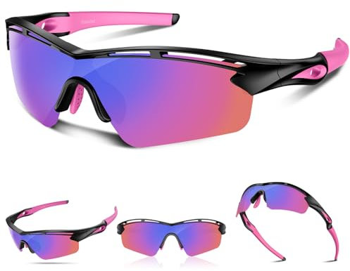 Occhiali da sole sportivi polarizzati per uomini e donne giovani baseball ciclismo corsa guida pesca tennis golf motore TAC UV400 TR90, Nero e rosa, Normal