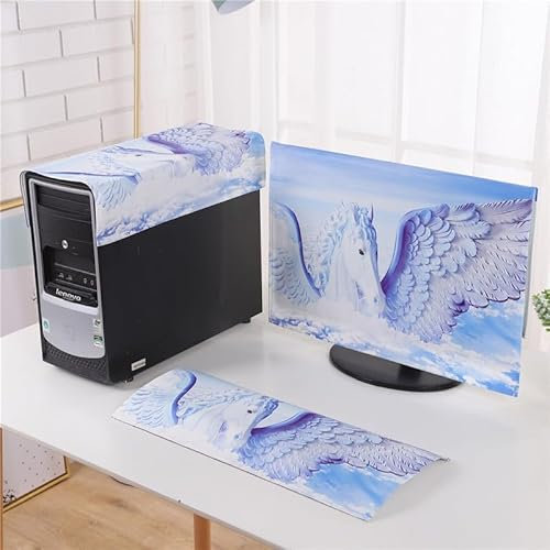 Hixingo 3 Pieces Set Computer Dirt-proof Cover, Desktop PC Dust Cover Protector Computer Screen Display Protective for 19-32 inch PC, Desktop and TV (White Horse,22 inches)