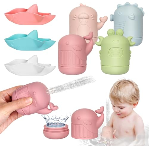 Juguetes Baño Bebe, 7pcs Flotar Chorro Juguetes Bañera Bebe Silicona, sin BPA, Juguetes Bañera Con Pequeños Agujeros para Regalos de Cumpleaños, Navidad, Playa, Piscina y Más, Intercambiables Apilable