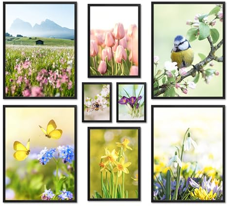 ARTFAVES® Poster Set - Frühlingserwachen - mehrteilige Wanddeko Wohnzimmer & Schlafzimmer - 8 moderne Wandbilder Frühlingsdeko, Frühling Deko Bilder - mit Rahmen Schwarz