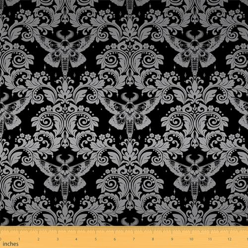 Feelyou Damaststoff für Erwachsene, weiß, schwarz, Vintage, Meterware, orientalisch, antik, dekorativ, wasserdicht, 91 cm, Gothic, Bohemia, Boho, Blume, Polsterstoff für Stühle, Gothic-Totenkopf