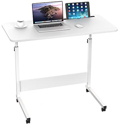 OXFENSEE Scrivania con Ruote, 80 x 40 cm Scrivania per Computer Regolabile in altezza 62-90cm, Tavolino da Laptop Scrivania Mobile, Scrivania per Divano, Letto, Ufficio, Bianco
