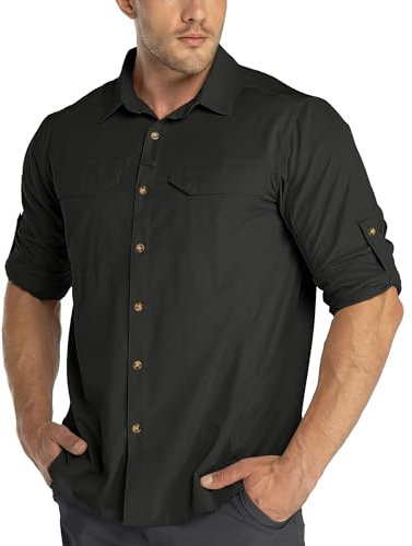 33,000ft Men's Long Sleeve Hiking Shirt Lightweight Quick Dry UV Button Shirts with Pockets Outdoor Shirts for Safari Walking Fishing Black M