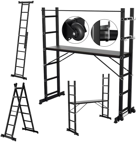 Daromigo Mehrzweckleiter 4x4, 4 in 1 Aluminium Leiter, klappleiter, Mobiles Gerüst, Anlegeleiter, Steigleiter Arbeitsbühne, Multifunktionsleiter Maximale Belastung 150 KG, Schwarz