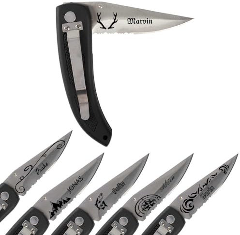 Couteau de poche avec clip ceinture personnalisé – Manche caoutchouc et lame acier avec texte gravé - Cadeau homme : Fête des pères, papa, papy, noel