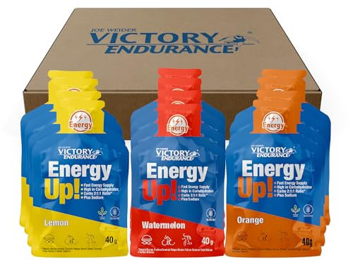 Victory Endurance PACK 12x40g Energy Up Gel sin Cafeína - Mix 3 sabores (Naranja, Sandía, Limón), Energía rápida. Alto en Carbohidratos (ratio 2:1:1). Con Extra de Sodio. Fácil de tomar. Sin Gluten.