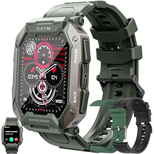 Smartwatch Herren mit Telefonfunktion, 1,81” AMOLED 5ATM Smart Watch Fitness Tracker 123 Sportmodi Aktivitätstracker mit Blutdruck Schlafmonitor Armbanduhr für IOS Android, 3 Uhrenarmbänder (Grün)