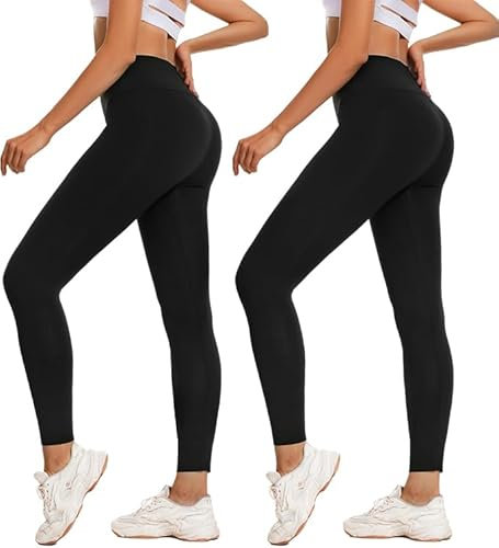 Ulhnei Leggings Damen 2er Pack High Waist Sporthose Schwarz Lang Scrunch Blickdicht Baumwolle Weiche Leggins für Yoga Fitness Outdoor&Freizeit