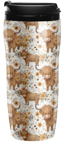 Highland Cow Print Coffee Mug Portable Travel Coffee Cup Water Bottle Tea Cup with Flip Lid for Women Men 350ml