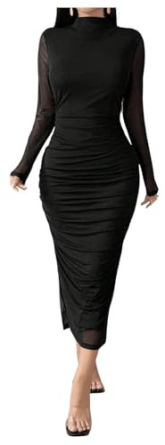 SweatyRocks Damen Figurbetontes Kleid Elegant Midikleid Stehkragen Freizeitkleid Bodycon Bleistiftkleid Mesh Langarm Kleid mit Plissees Schwarz L