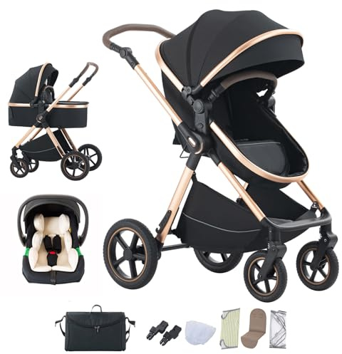 Mobayta kinderwagen 3 in 1 Kombikinderwagen für Neugeborene robustes leichtes Aluminiumgestell geeignet bis 22KG hochgestellter Kinderwagen vielseitig und praktisch Buggys (D2-BLACK, H2-D)
