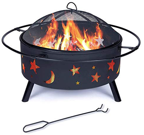 ZJFHEYUO Holzbefeuerte Lagerfeuer-Feuerschale, 30-Zoll-Feuerstelle im Freien, mit Funkenschutz, Kamin-Poker, tragbare Feuerstelle, forrd