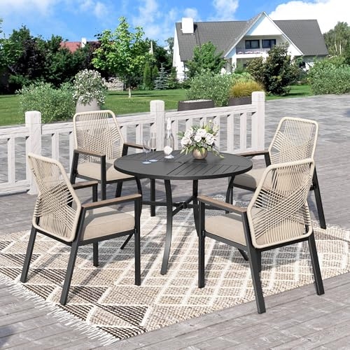PHI VILLA Garden Table and Chairs for 4, 5 Pieces Rattan Patio Furniture Set with 1 Round Metal Table and 4 Heavy Duty Dining Chairs,4-seater Outdoor Dining Set with Umbrella Hole