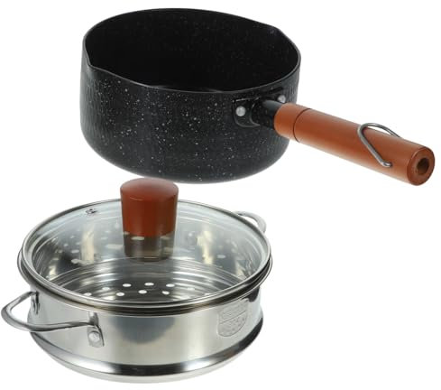 FONDOTIN 16cm Hammered Pattern Non-Stick Milk Saucepan Lid and Steamer Basket, Heat-Resistant Small Enamel Pot for Children's Food Preparation and Home Kitchen Cookware