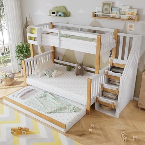EINHOM Kinderbett 90x200&120x200cm, Etagenbett mit Fallschutz und Gitter, Bodenbett mit DREI Bettpositionen, Mit Rollbett, Ecktreppe, Kiefer+MDF, Weiß+Natur, Ohne Matratze