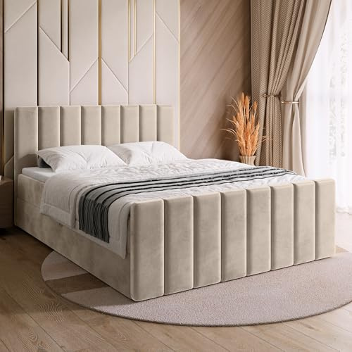 BROMARKT Boxspringbett mit Matratze 180x200cm Bett mit Topper Beige | Polsterbett mit Bettkasten Doppelbett mit Stauraum für Schlafzimmer gepolsterte Kopfteil Bed Bonell H3 DENVER DUO
