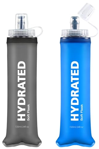 WEMEET Faltbare Trinkflaschen, BPA-frei, 720 ml Auslaufsichere Soft Wasserflasche mit Beißventil, Sportflasche für Marathon, Fahrrad, Wandern, Joggen, Rucksacktourismus(Blau & Grau, 2er Pack)