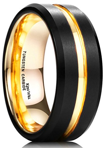 King Will Ehering aus Wolframcarbid 6mm 8mm – Herren und Damen Ring, Schwarz Gold Blau Grau, mit Rille, kratzfest, ideal für Arbeit und Fitnessstudio, bequeme Passform, stilvoll und robust