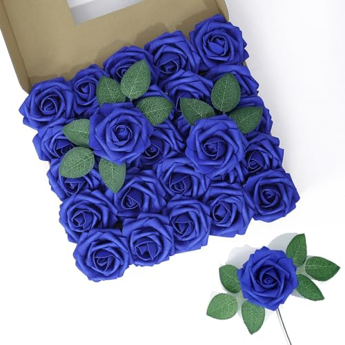 LEUCHTAMOR Lot de 25 roses artificielles bleu roi en mousse au toucher réel pour bouquets de mariage, centres de table, arrangements floraux, fête, décoration d'intérieur
