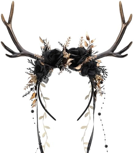 MOSTORY Geweih Hirschhörner Floral Kopfschmuck für Faschingskostüme Karneval, Antlers Headband für Renfaire Cosplay