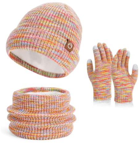 KOOSUFA Women's Beanie Hat Snood and Gloves Set Colorful Winter 3 Pcs Warm | Ladies Cold Weather Set, Acrylic blend, Windproof, Knitted Hats and Neck Warmer with Fleece Lined, Touchscreen Gloves